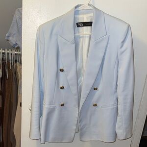 Zara Women's Soft Blue Double-Breasted Blazer